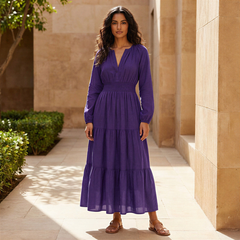 Purple Cotton Poplin Fit and Flare Maxi Tier Dress