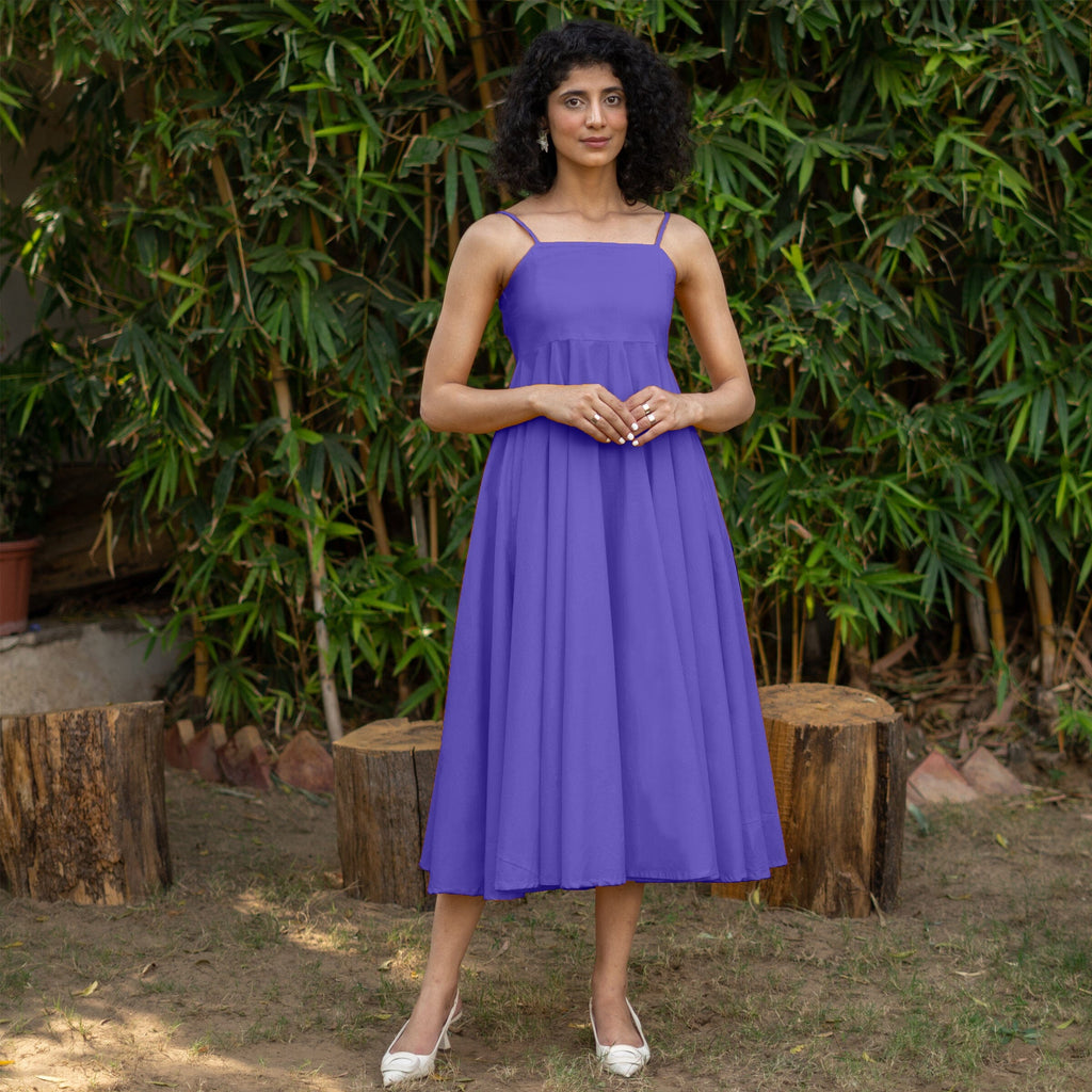 Purple Cotton Poplin Fit and Flare Midi Empire Dress