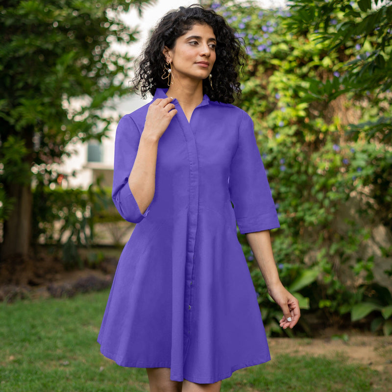Purple Cotton Poplin Fit and Flare Short Button-Down Shirt Dress