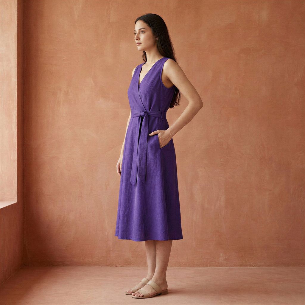Purple Cotton Poplin Fit and Flare Sleeveless Dress