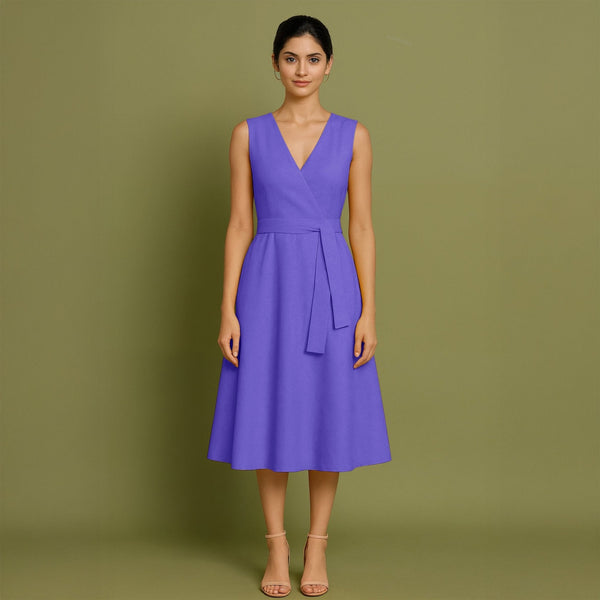 Purple Cotton Poplin Fit and Flare Sleeveless Midi Dress
