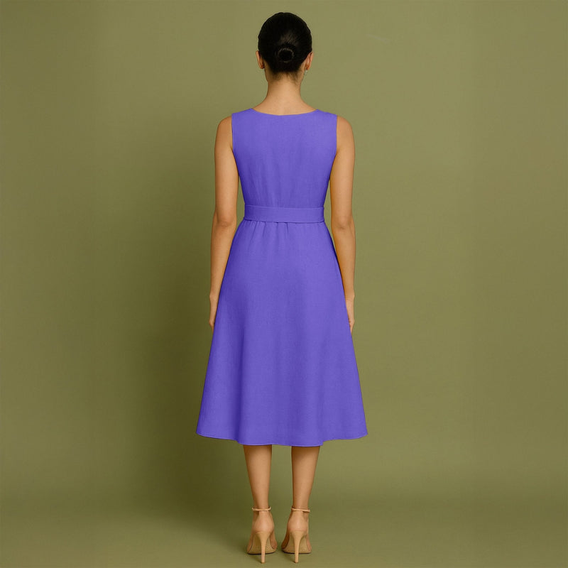 Purple Cotton Poplin Fit and Flare Sleeveless Midi Dress