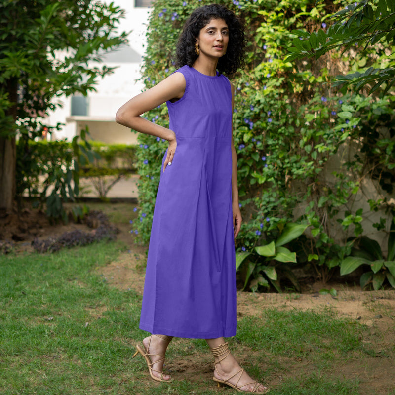 Purple Cotton Poplin Flared Midi Sleeveless Jumpsuit