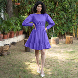 Purple Cotton Poplin Gathered Short Tier Dress