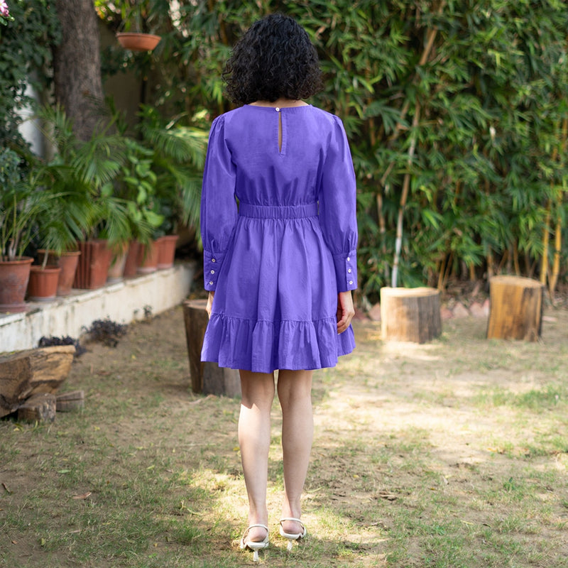 Purple Cotton Poplin Gathered Short Tier Dress