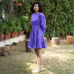 Purple Cotton Poplin Gathered Short Tier Dress