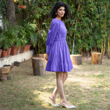 Purple Cotton Poplin Gathered Short Tier Dress