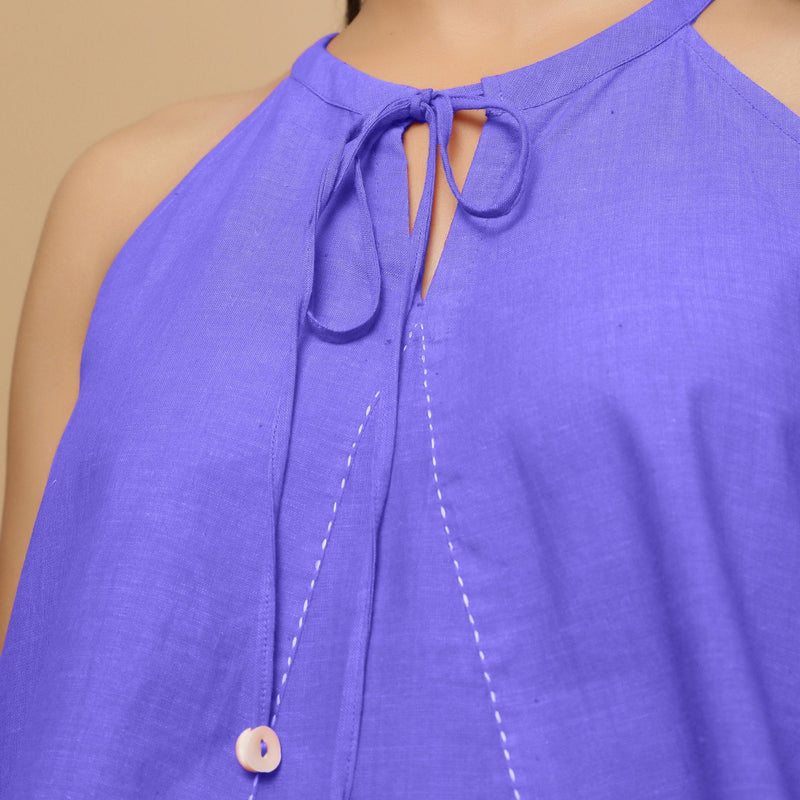 Purple Cotton Poplin Halter Neck Flared Top