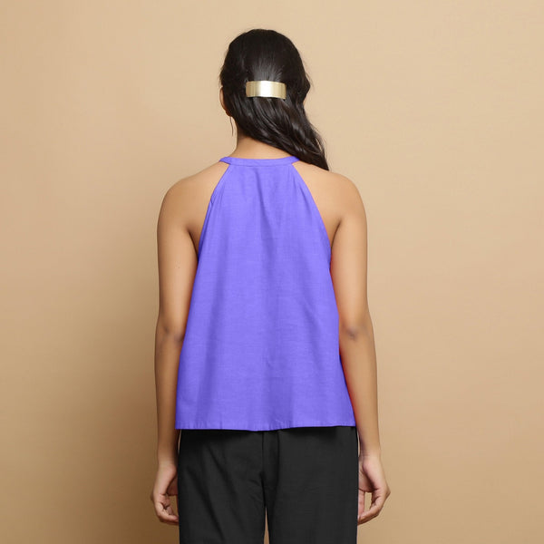 Purple Cotton Poplin Halter Neck Flared Top