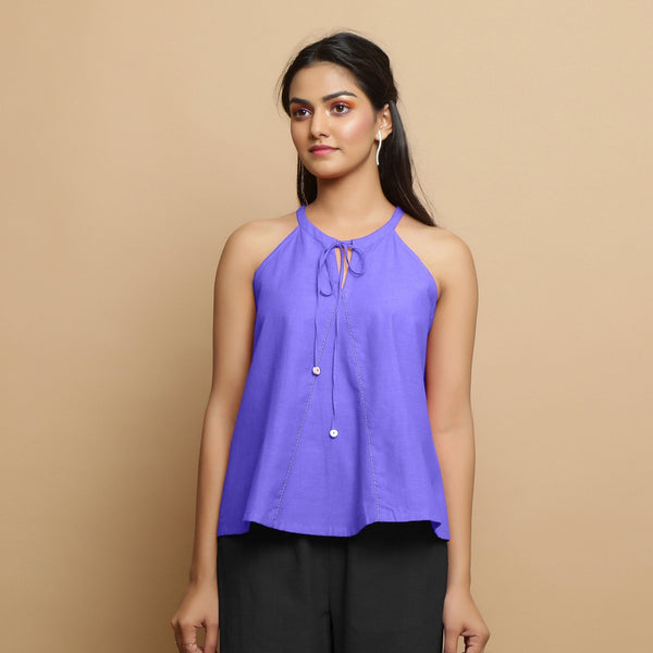 Purple Cotton Poplin Halter Neck Flared Top