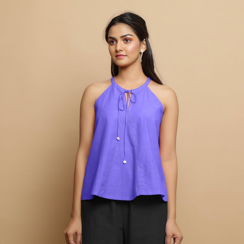 Purple Cotton Poplin Halter Neck Flared Top