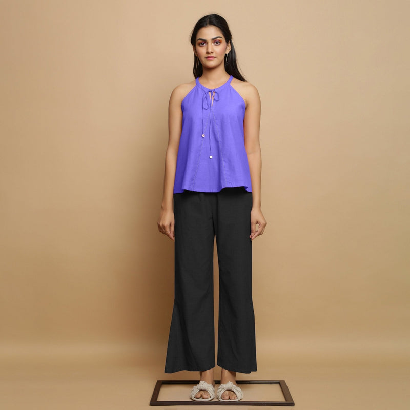 Purple Cotton Poplin Halter Neck Flared Top