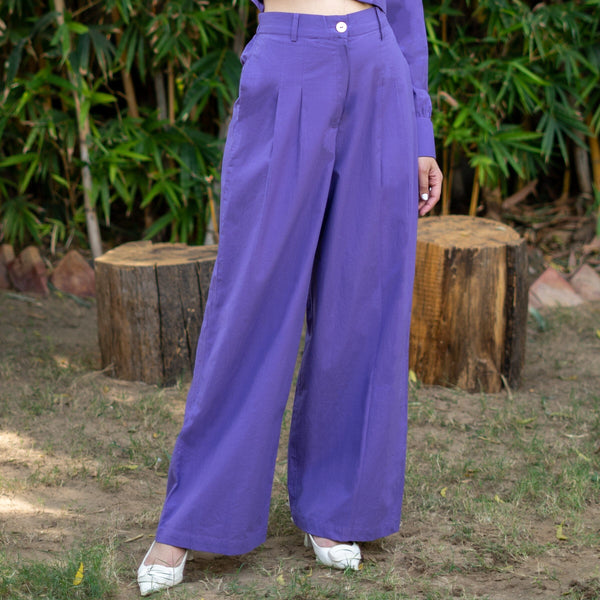Purple Cotton Poplin High-Rise Elasticated Pleated Wide Legged Pant