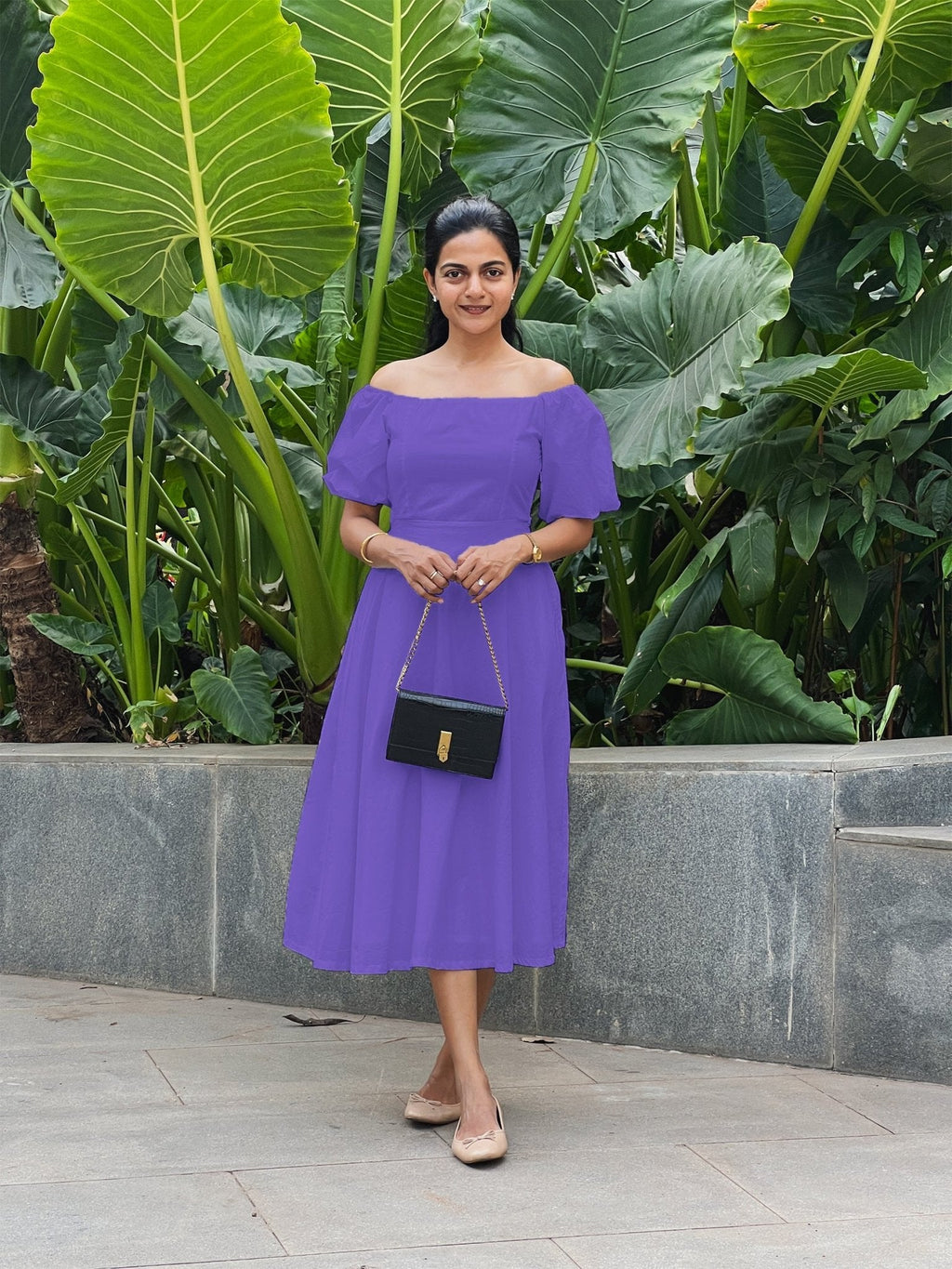 Purple Cotton Poplin Midi Off-Shoulder Dress