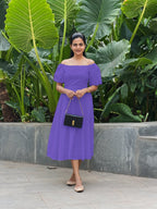Purple Cotton Poplin Midi Off-Shoulder Dress