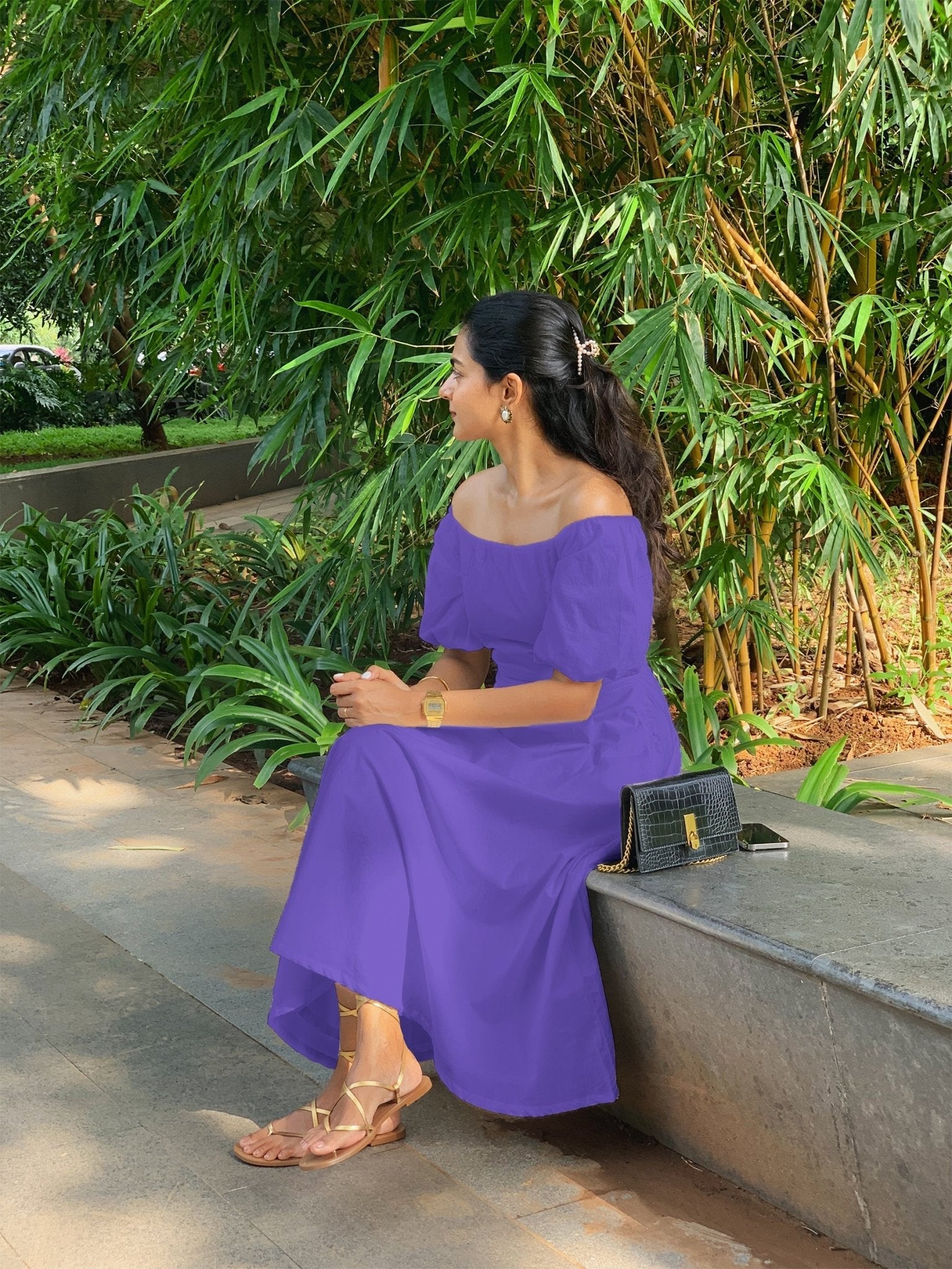 Purple Cotton Poplin Midi Off-Shoulder Dress