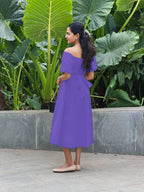 Purple Cotton Poplin Midi Off-Shoulder Dress
