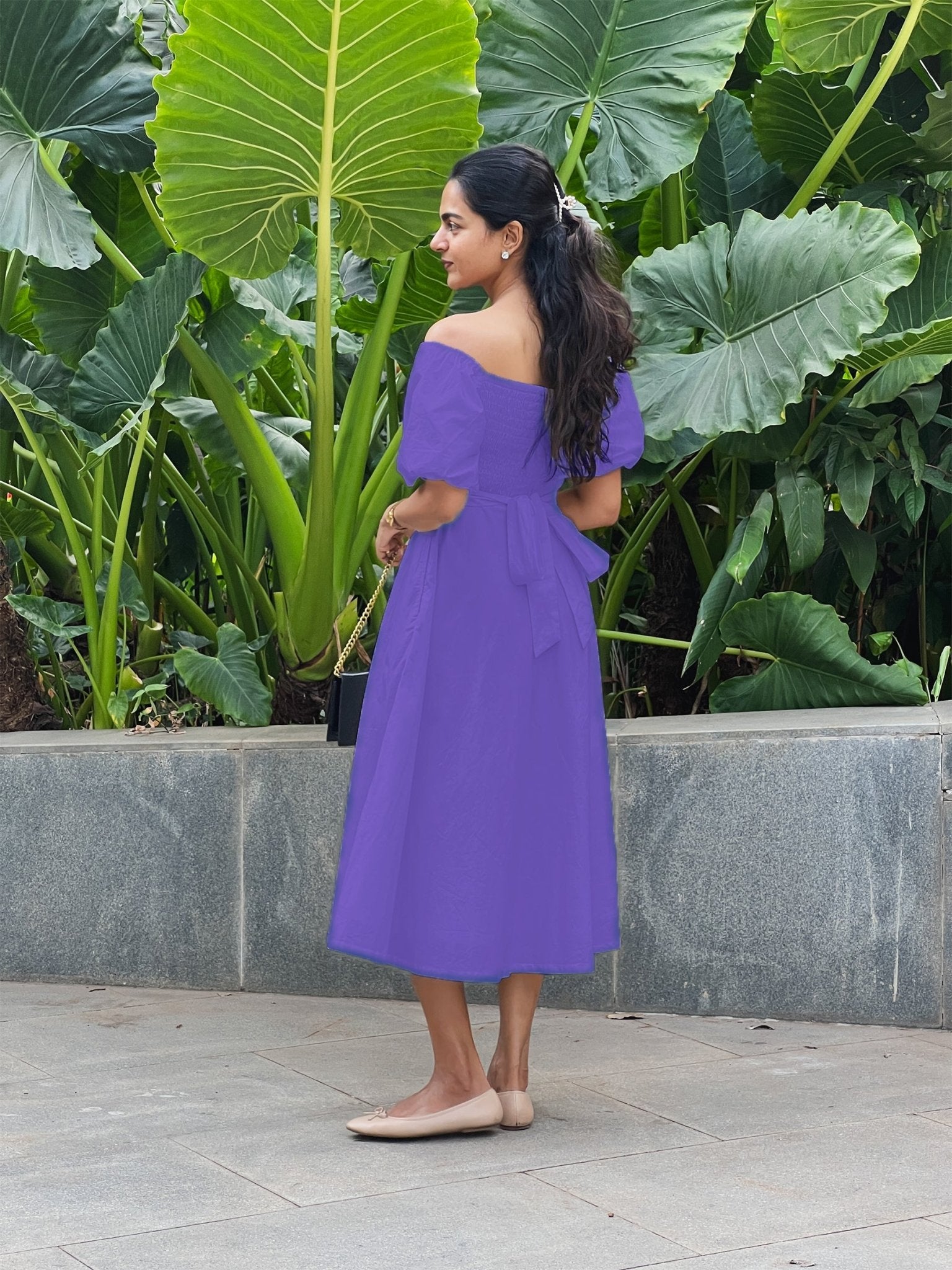 Purple Cotton Poplin Midi Off-Shoulder Dress