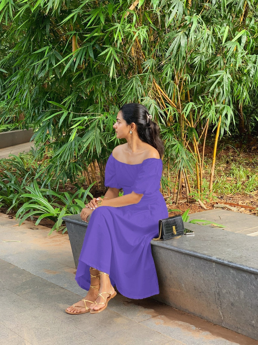 Purple Cotton Poplin Midi Off-Shoulder Dress