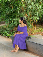 Purple Cotton Poplin Midi Off-Shoulder Dress