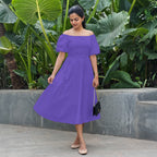 Purple Cotton Poplin Midi Off-Shoulder Dress