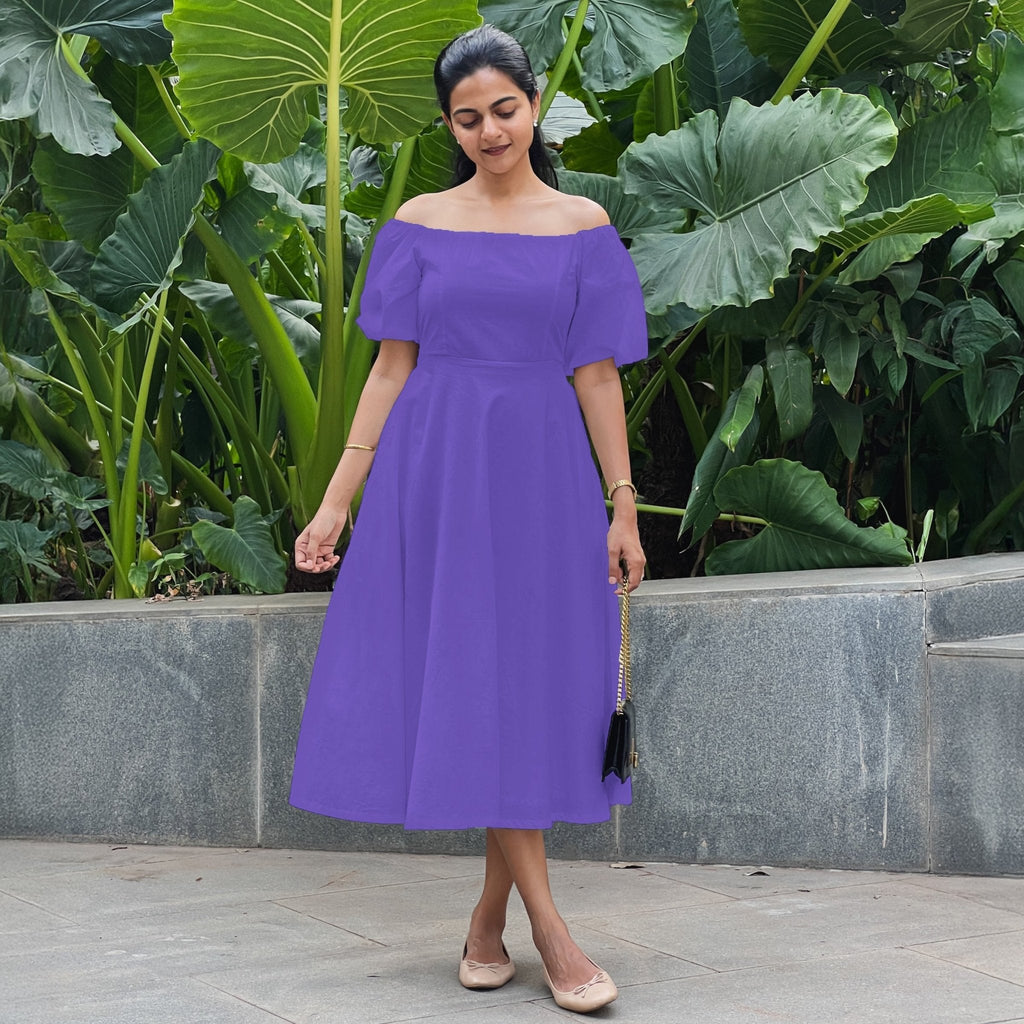 Purple Cotton Poplin Midi Off-Shoulder Dress
