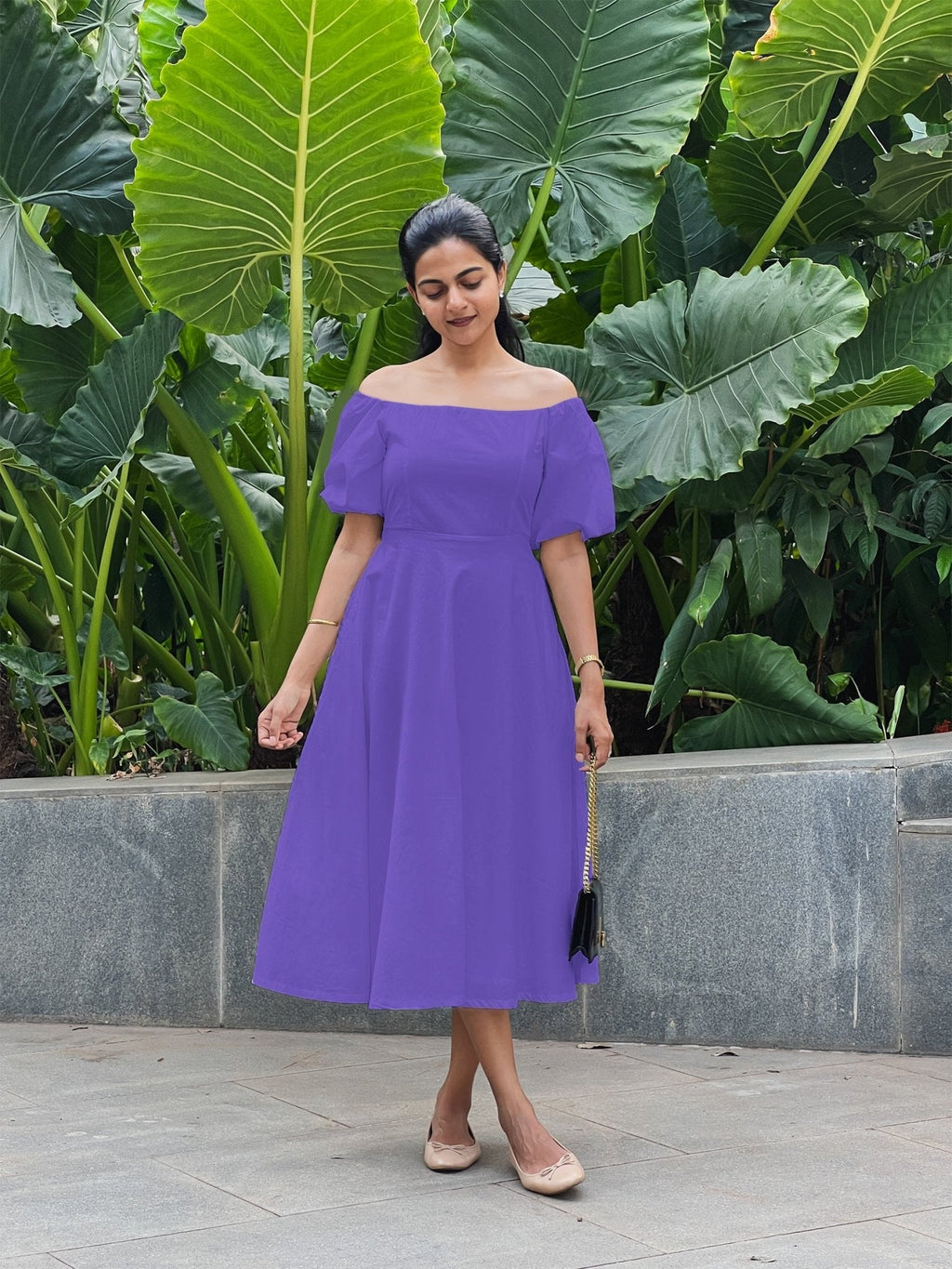 Purple Cotton Poplin Midi Off-Shoulder Dress