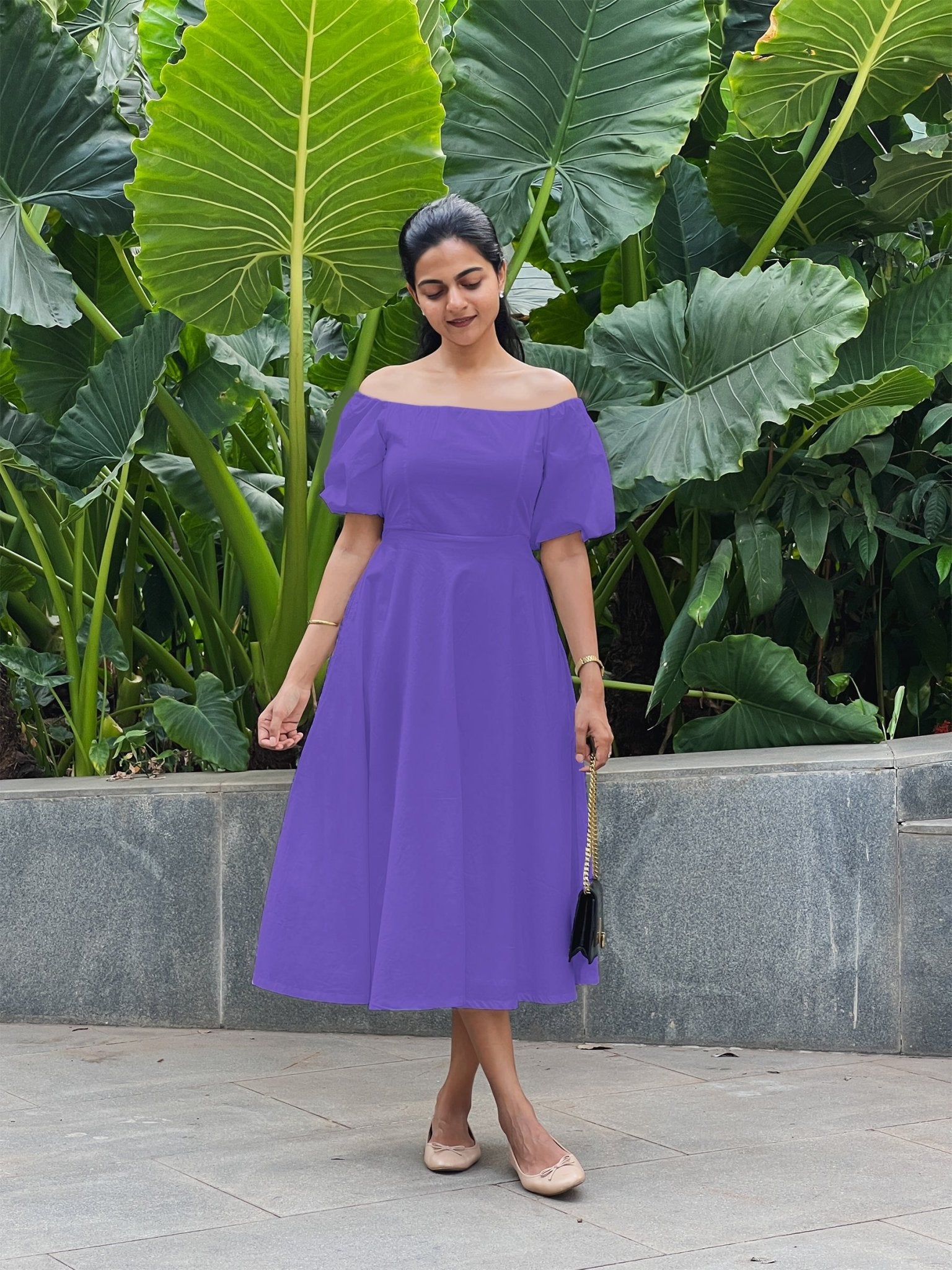 Purple Cotton Poplin Midi Off-Shoulder Dress