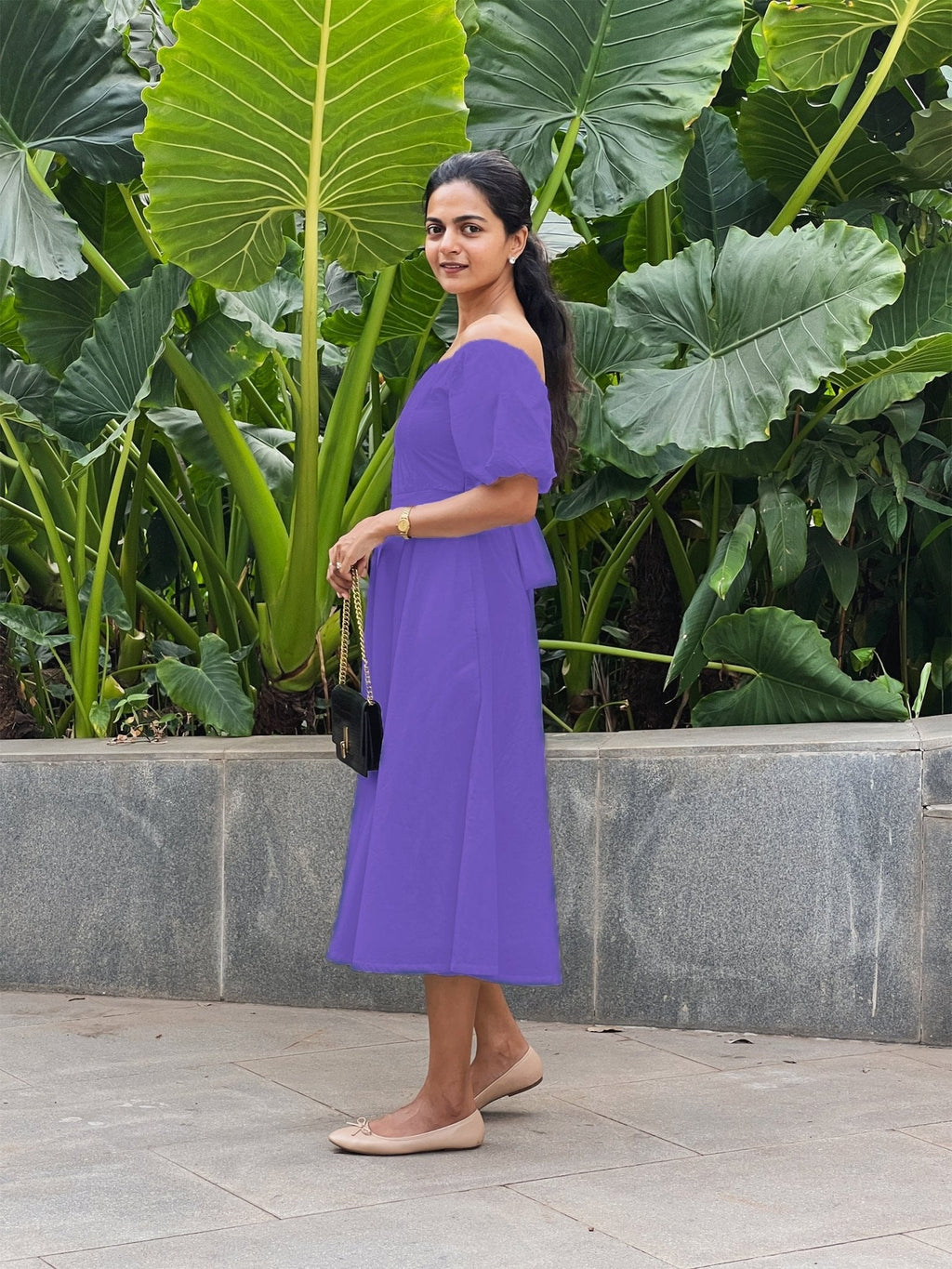 Purple Cotton Poplin Midi Off-Shoulder Dress