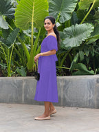 Purple Cotton Poplin Midi Off-Shoulder Dress
