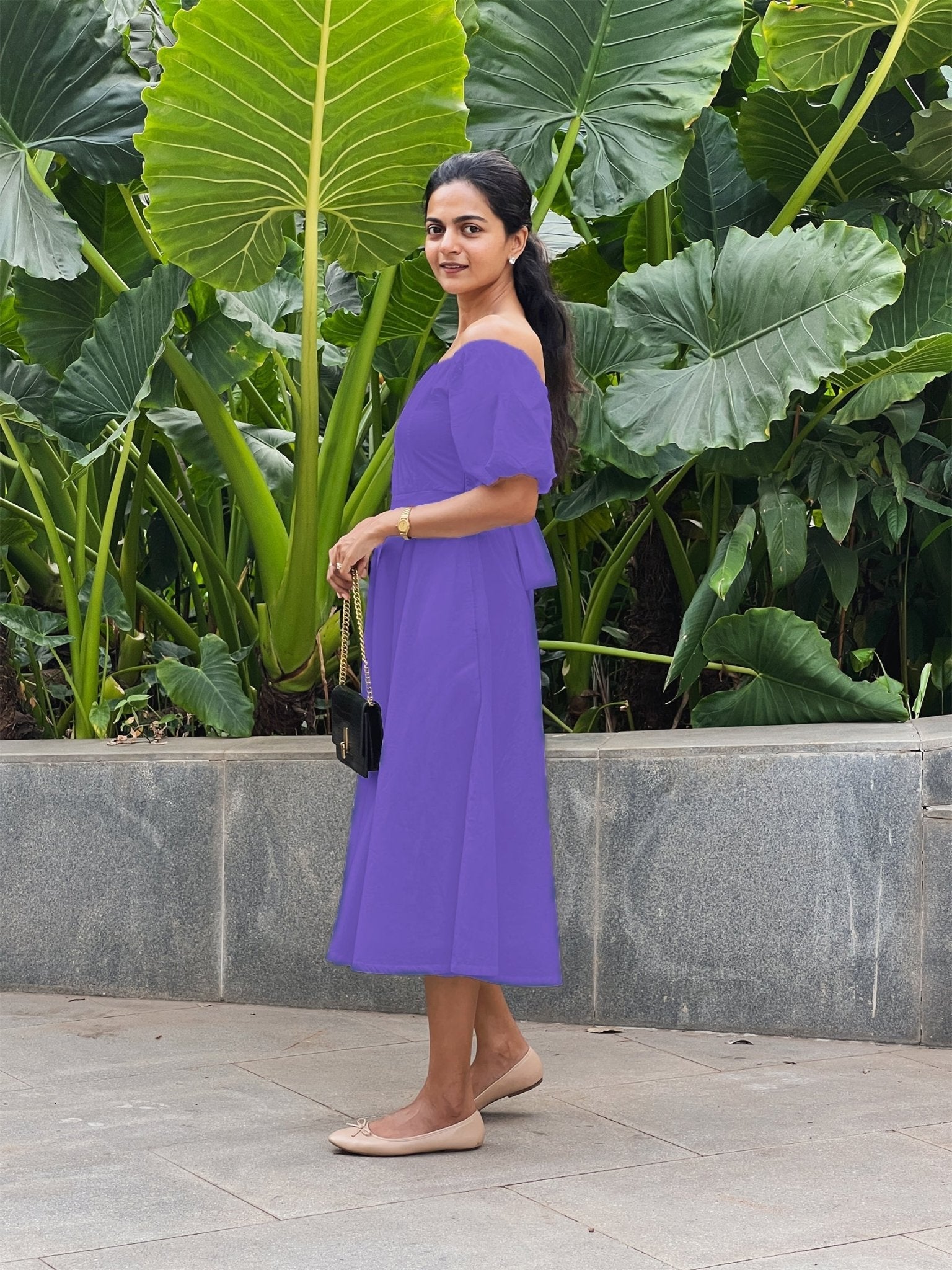 Purple Cotton Poplin Midi Off-Shoulder Dress