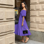 Purple Cotton Poplin Midi Off-Shoulder Dress