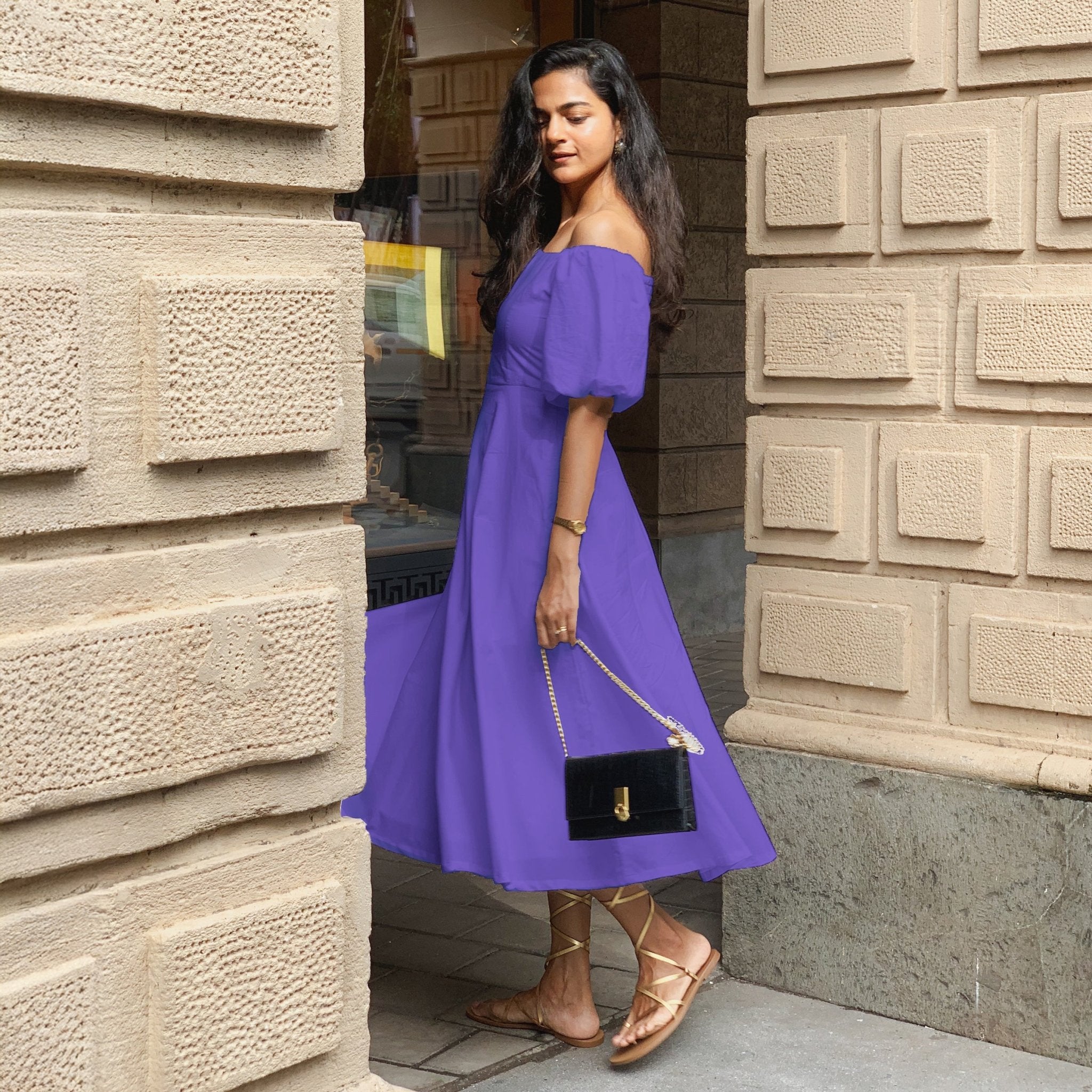 Purple Cotton Poplin Midi Off-Shoulder Dress