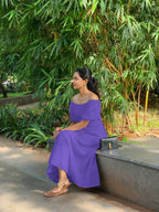 Purple Cotton Poplin Midi Off-Shoulder Dress