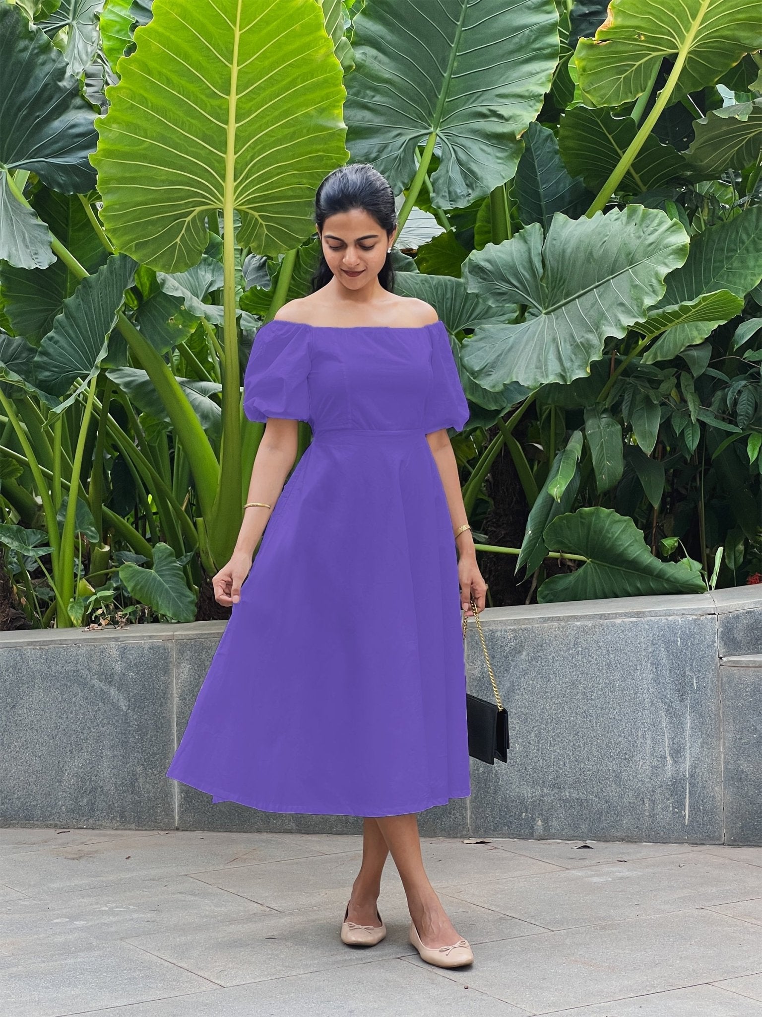 Purple Cotton Poplin Midi Off-Shoulder Dress