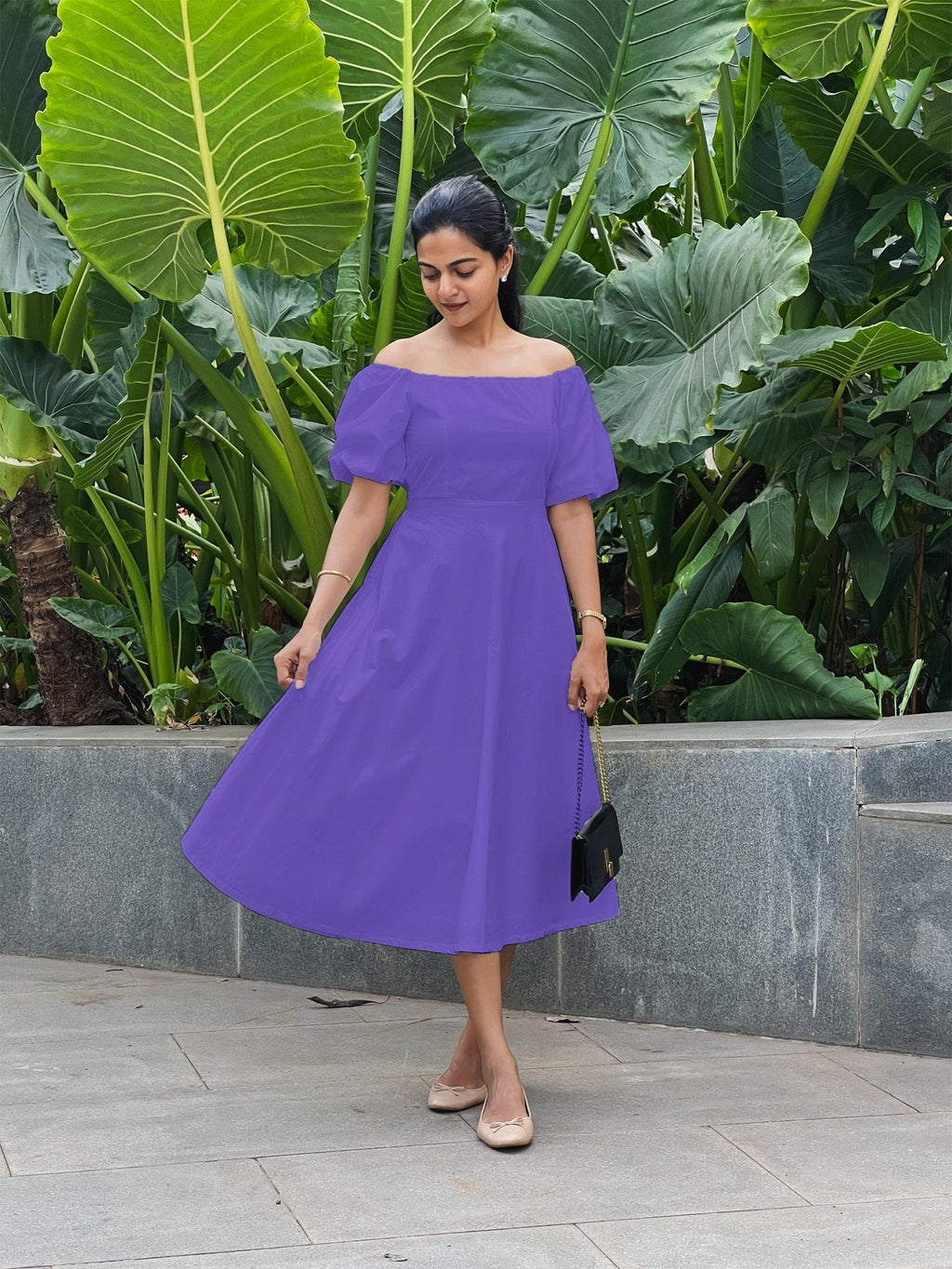 Purple Cotton Poplin Midi Off-Shoulder Dress