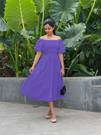 Purple Cotton Poplin Midi Off-Shoulder Dress