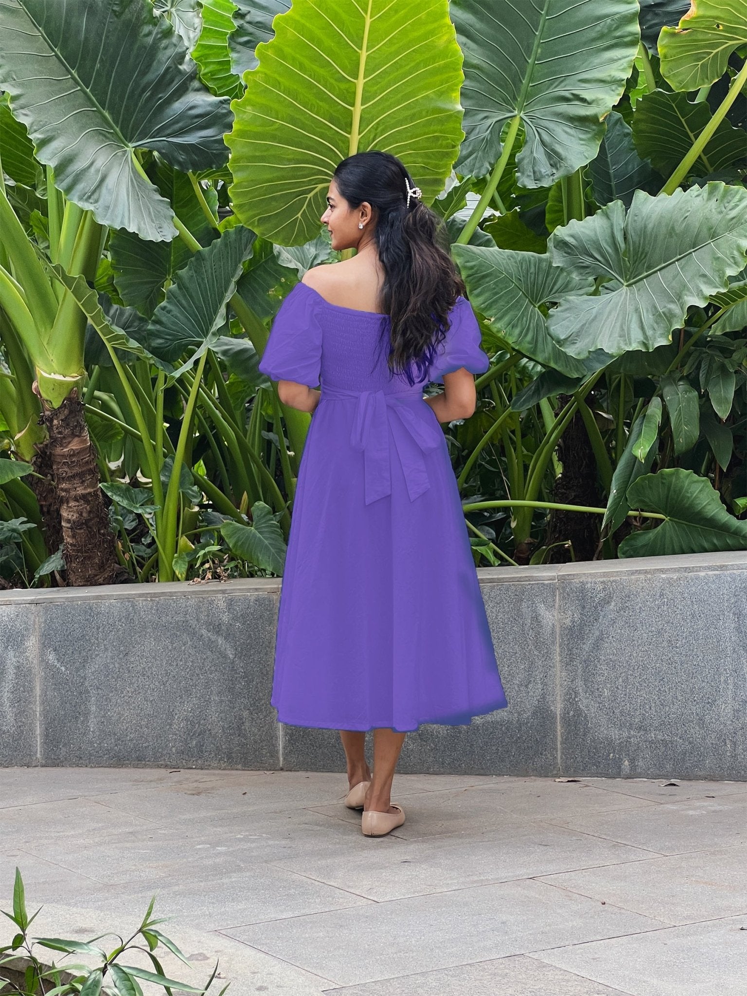 Purple Cotton Poplin Midi Off-Shoulder Dress