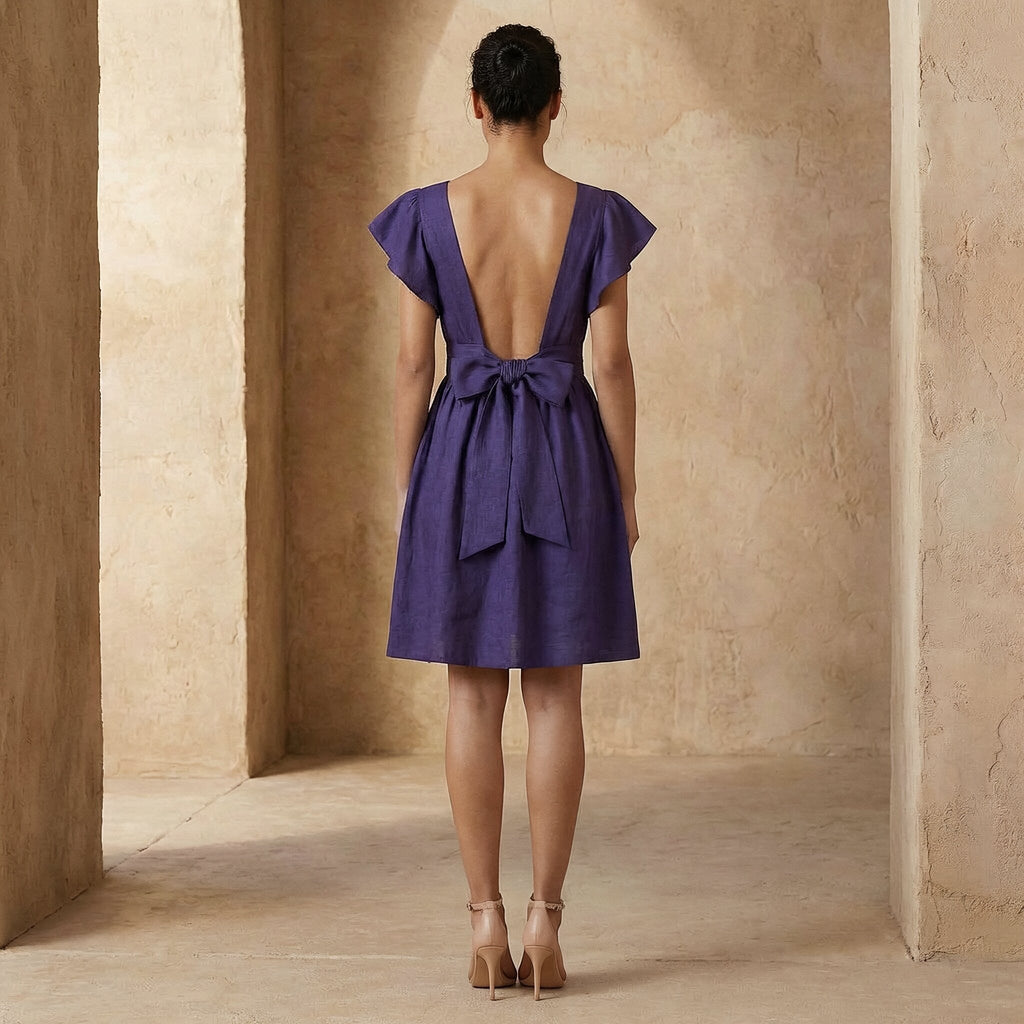 Purple Cotton Poplin Open-Back Fit and Flare Knee Length Dress
