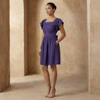 Purple Cotton Poplin Open-Back Fit and Flare Knee Length Dress