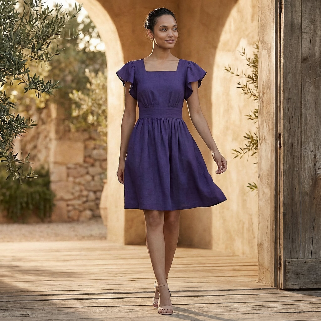 Purple Cotton Poplin Open-Back Fit and Flare Knee Length Dress