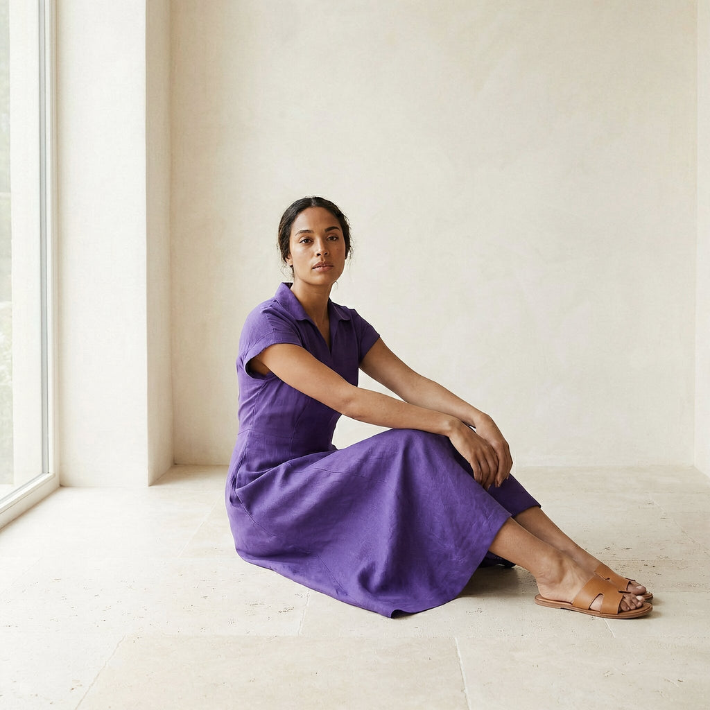 Purple Cotton Poplin Paneled A-Line Midi Dress