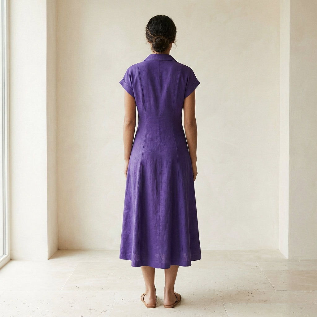 Purple Cotton Poplin Paneled A-Line Midi Dress