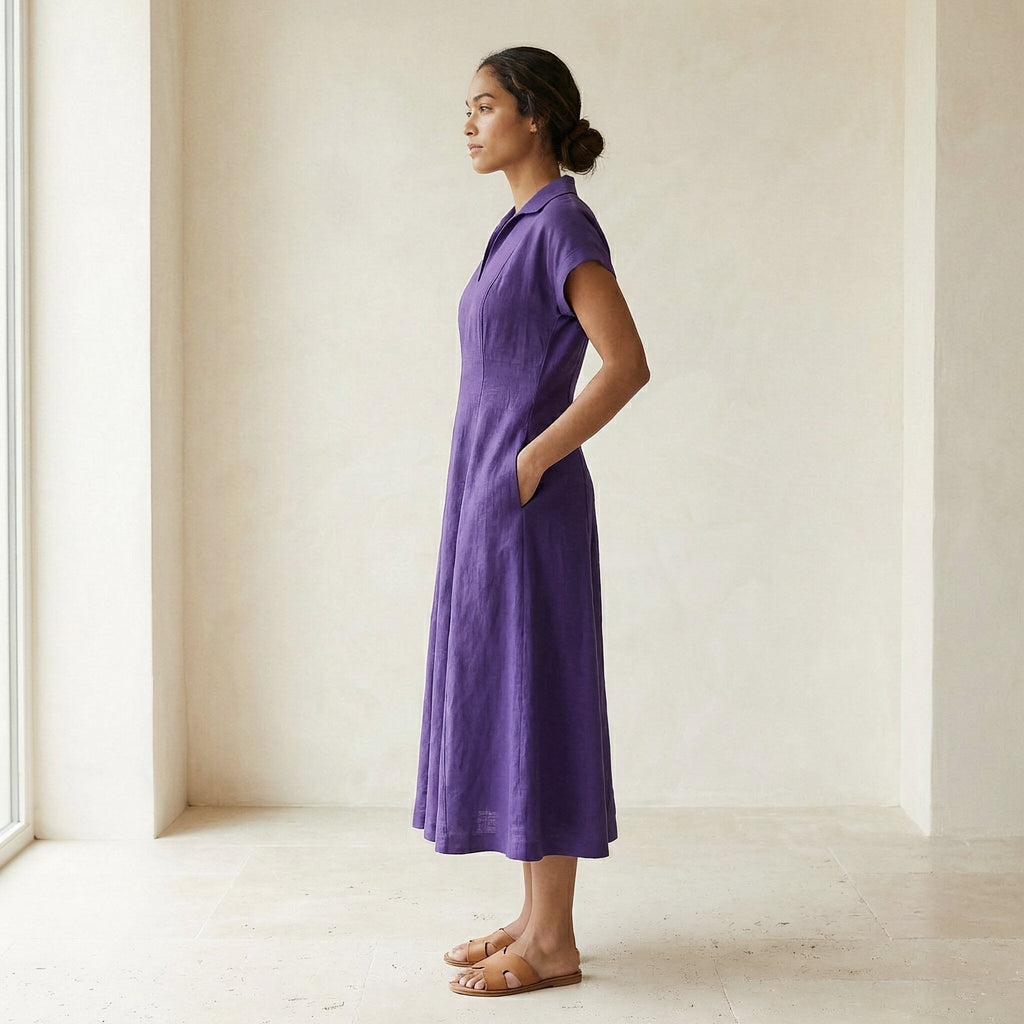 Purple Cotton Poplin Paneled A-Line Midi Dress