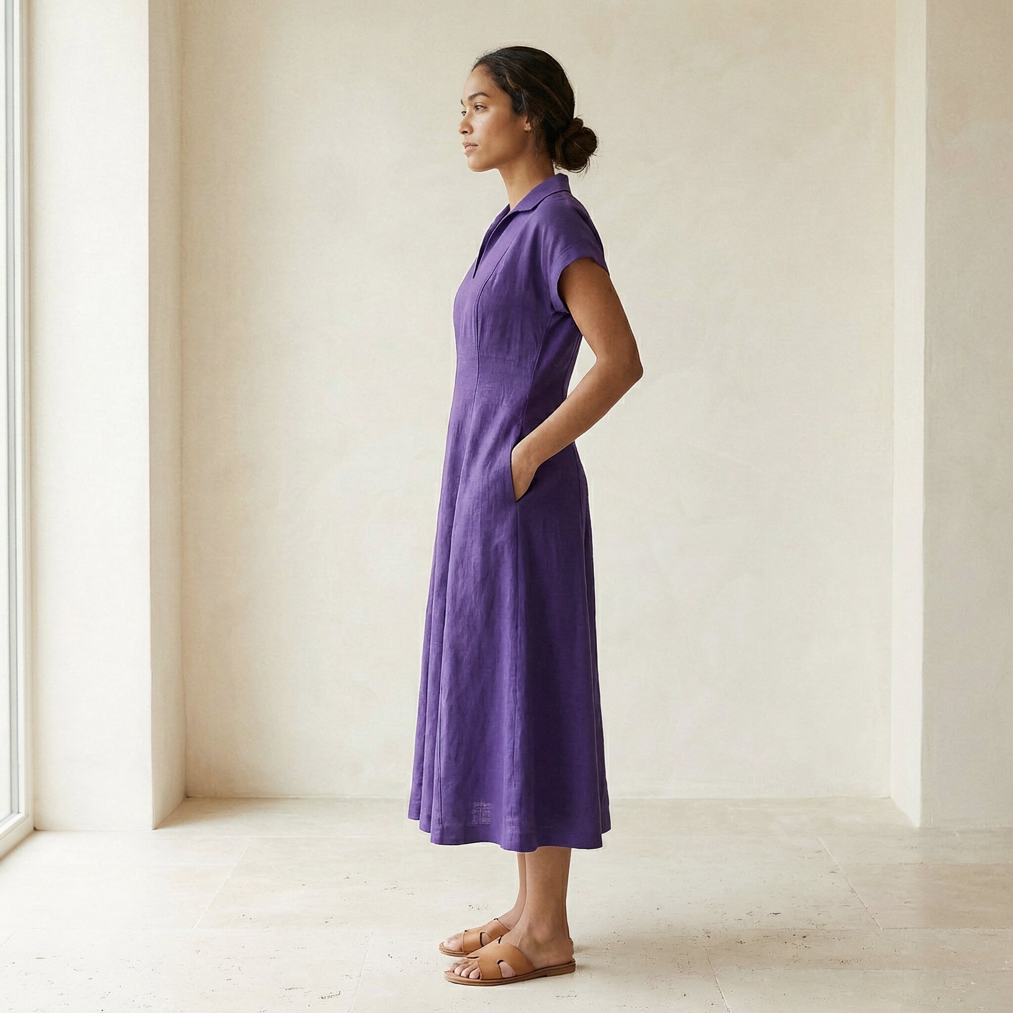 Purple Cotton Poplin Paneled A-Line Midi Dress