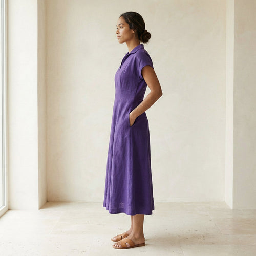 Purple Cotton Poplin Paneled A-Line Midi Dress
