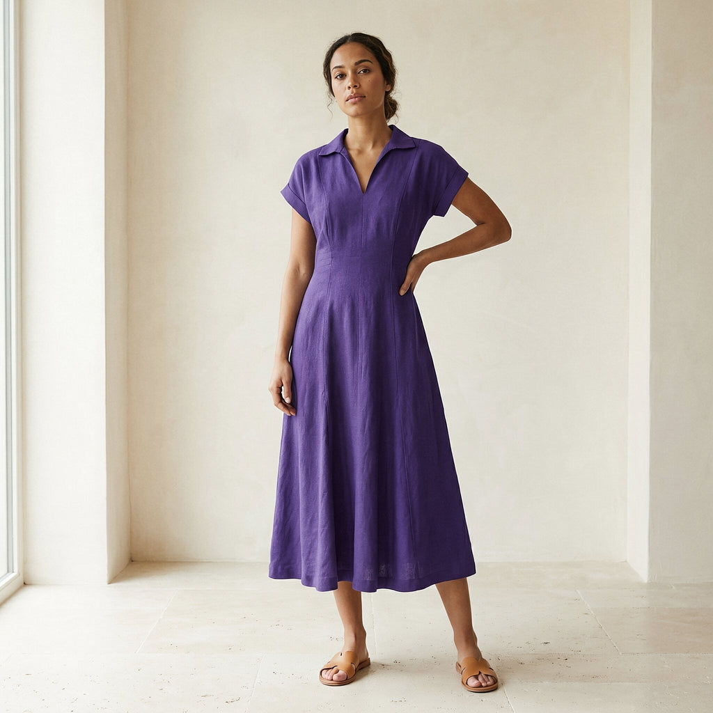 Purple Cotton Poplin Paneled A-Line Midi Dress