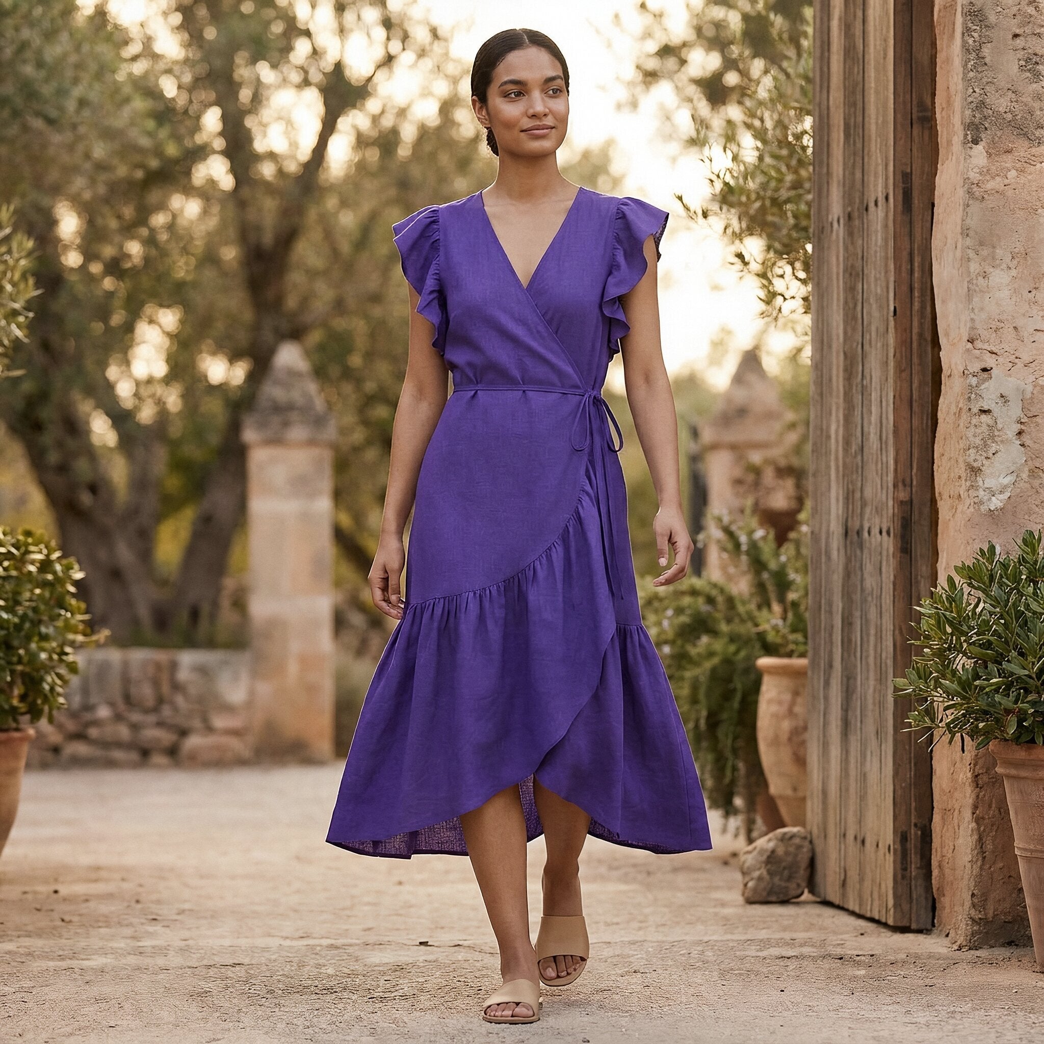 Purple Cotton Poplin Ruffle Midi Wrap Dress