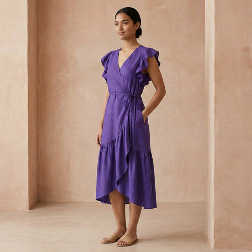 Purple Cotton Poplin Ruffle Midi Wrap Dress