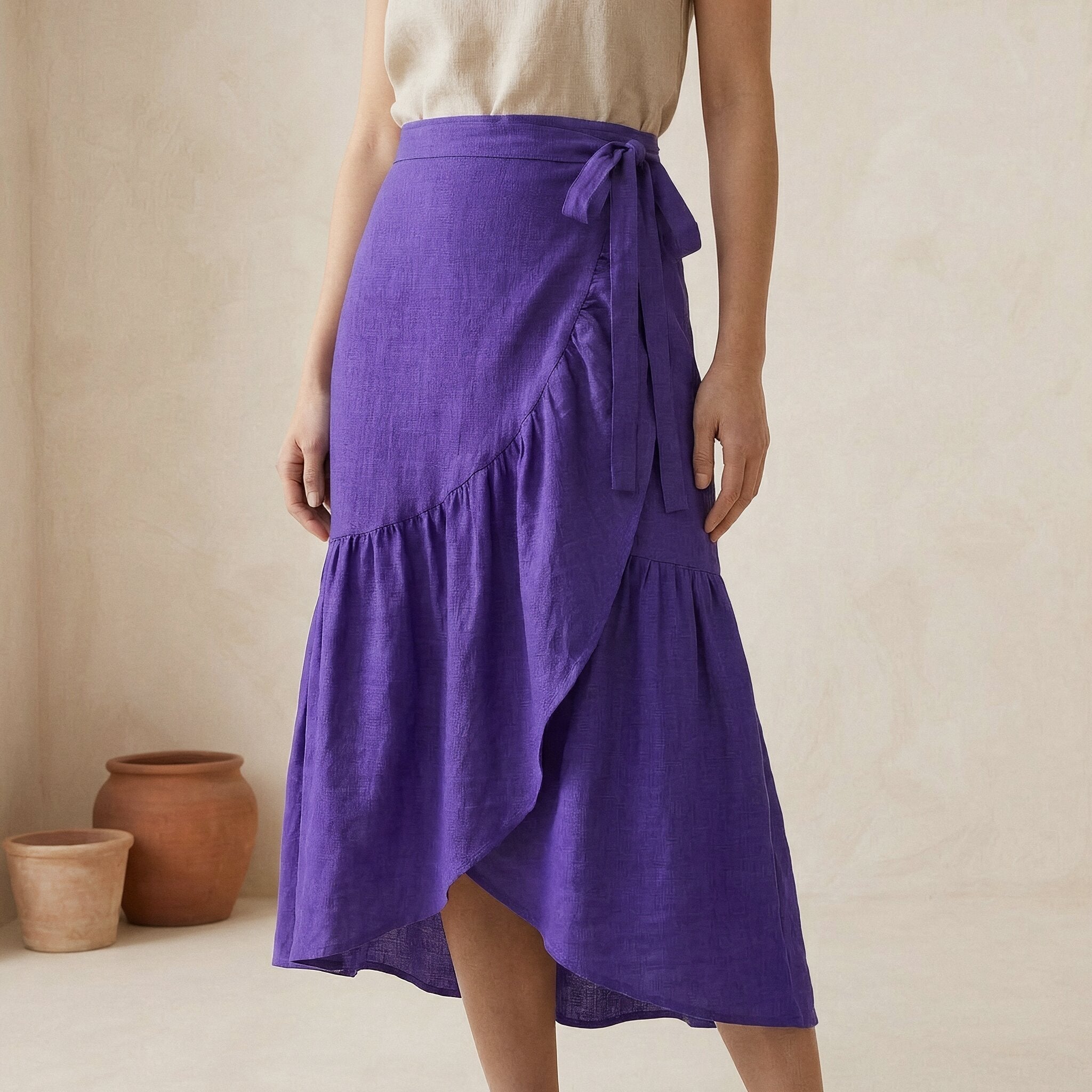 Purple Cotton Poplin Ruffle Midi Wrap Skirt